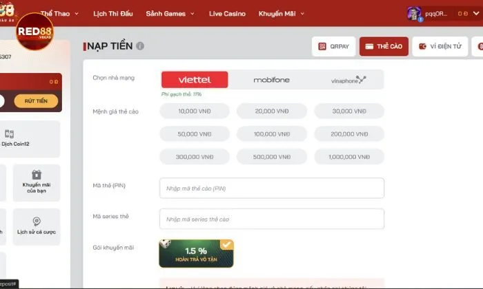 Hướng dẫn các bước nạp tiền Red88 bằng thẻ cào điện thoại 